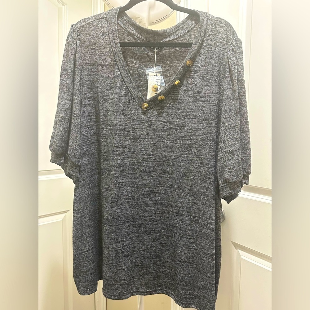 BloomChic Plus Size 3XL Heather Button Detail Puff Sleeve T-shirt